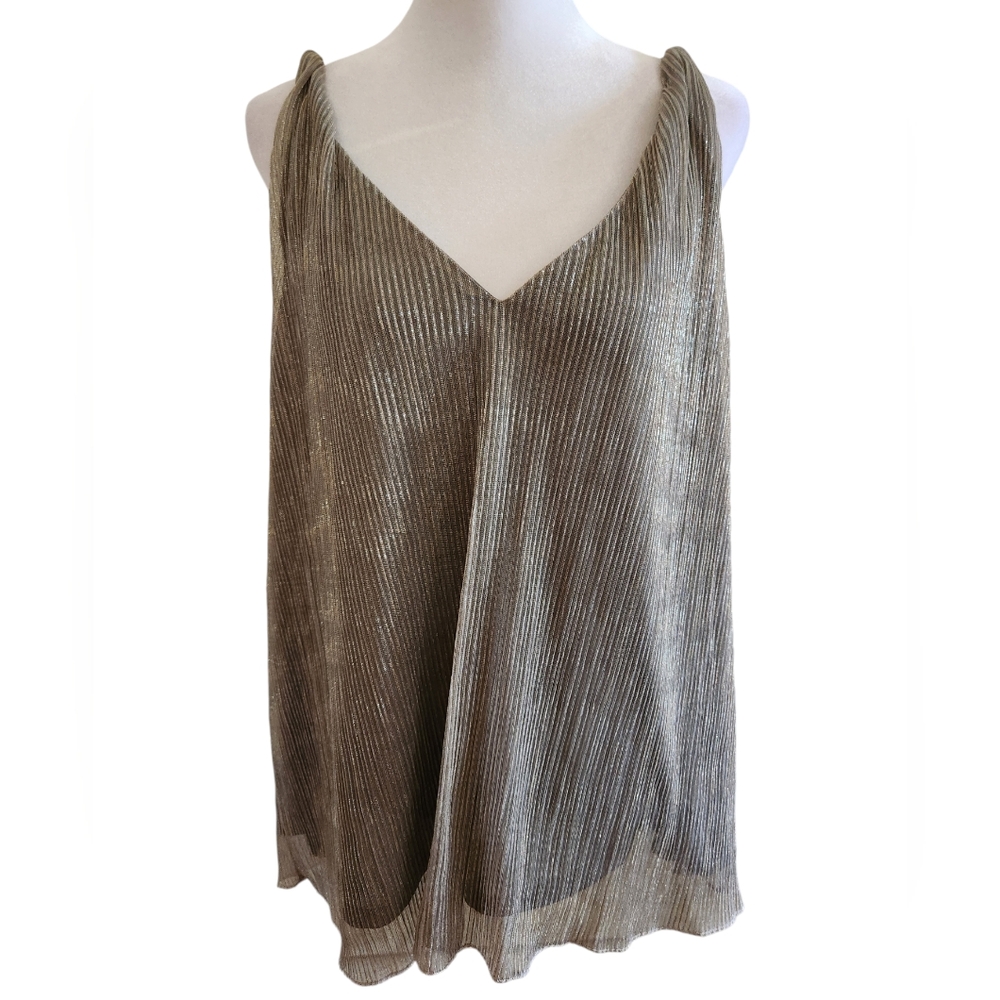 XL Metallic Silver Gold Shimmer Twist Strap Plunge Sleeveless Blouse Ryegrass